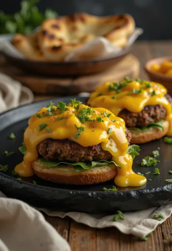 Frissen készült indiai hamburger currys húspogácsával és mango chutney-val