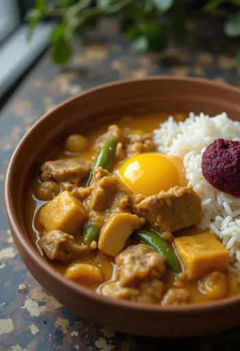 Kare-kare, filippínó mogyorós húsos étel tálalva