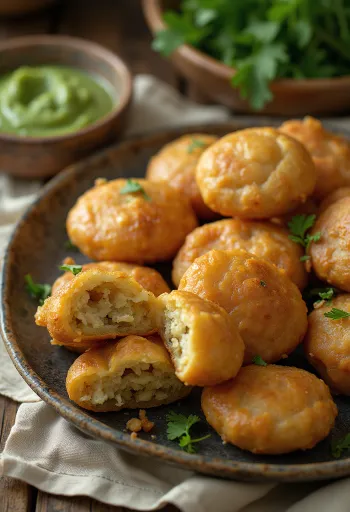 Khasta kachori tálalva zöld chutney-val, ropogós, aranybarna színben