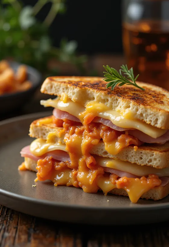 Kimchi szendvics füstölt pulykasonkával, cheddar sajttal, tojással és zöldhagymával tálalva