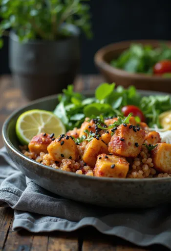 Lime tofu quinoa Buddha-tál currys céklás tahinivel tálalva