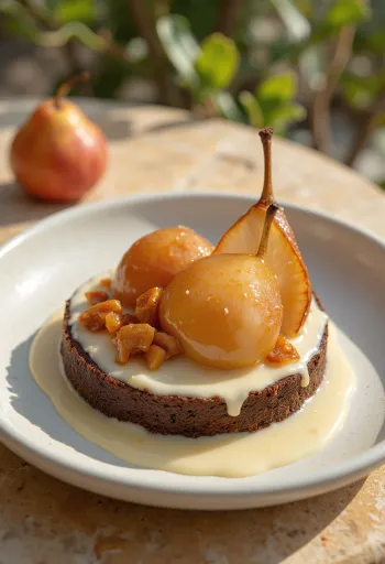 Malva pudding karamellizált körtével, édes és selymes pudding karamellizált körtével tálalva