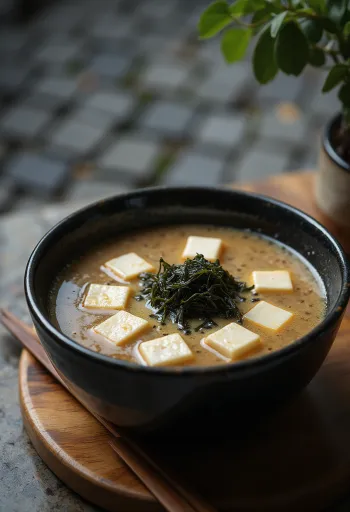 Miso leves újhagymával tálalva, tofukockákkal és wakamé algával, mély tálban