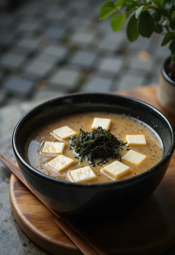 Miso leves újhagymával tálalva, tofukockákkal és wakamé algával, mély tálban