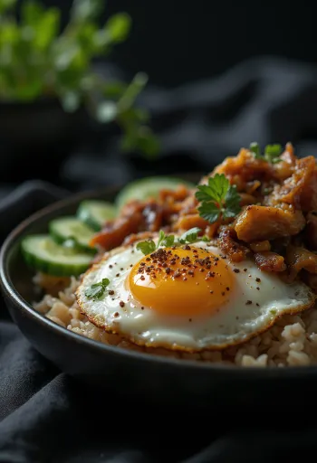 Nasi Campur sertéshússal, gazdag pörkölt rizses étel friss korianderrel és lime-mal díszítve