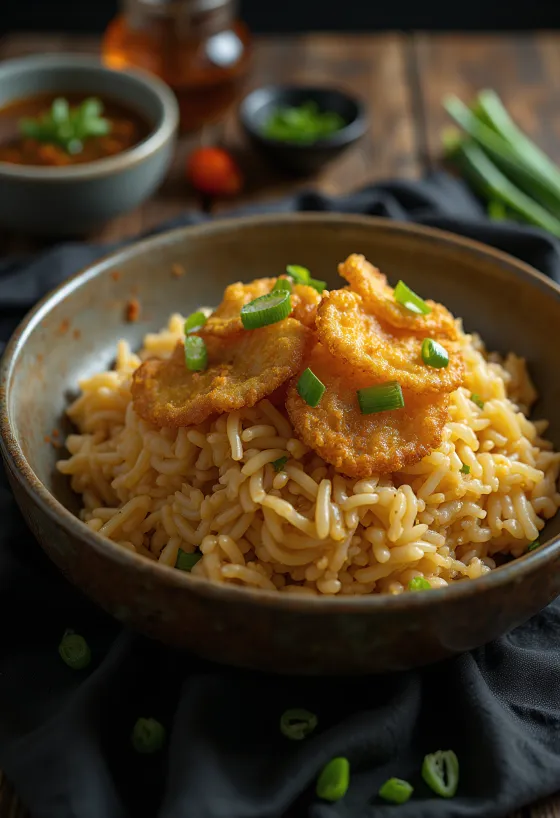 Nasi Goreng Fokhagymával, gazdag fűszerekkel és fokhagymával tálalva