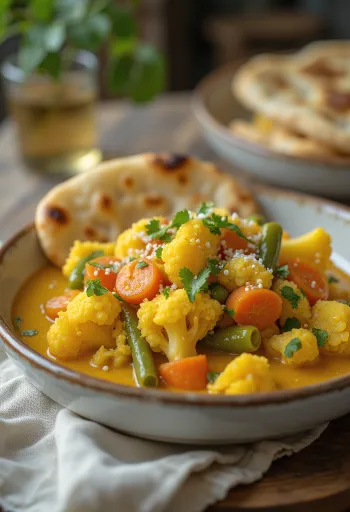 Párolt zöldségek curryvel, kókusztejes étel fűszerekkel