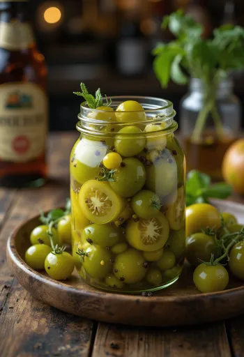 Pickled green tomatoes in a glass jar