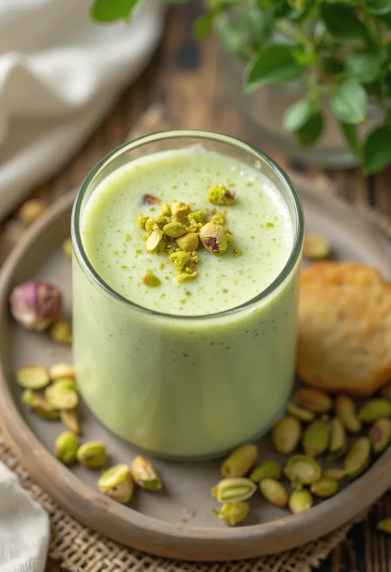 Pisztáciás lassi, krémes joghurttal és friss lime-mal, rózsavíz ízesítéssel