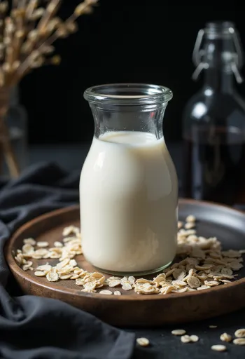 Probiotikus zabkefir üvegben, selymes növényi ital tálalva
