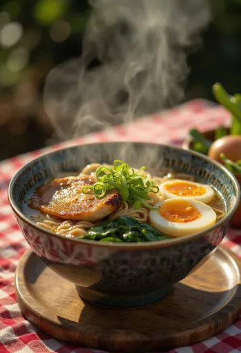 Ramen sült csirkecomb filével, tojással és friss zöldségekkel tálalva