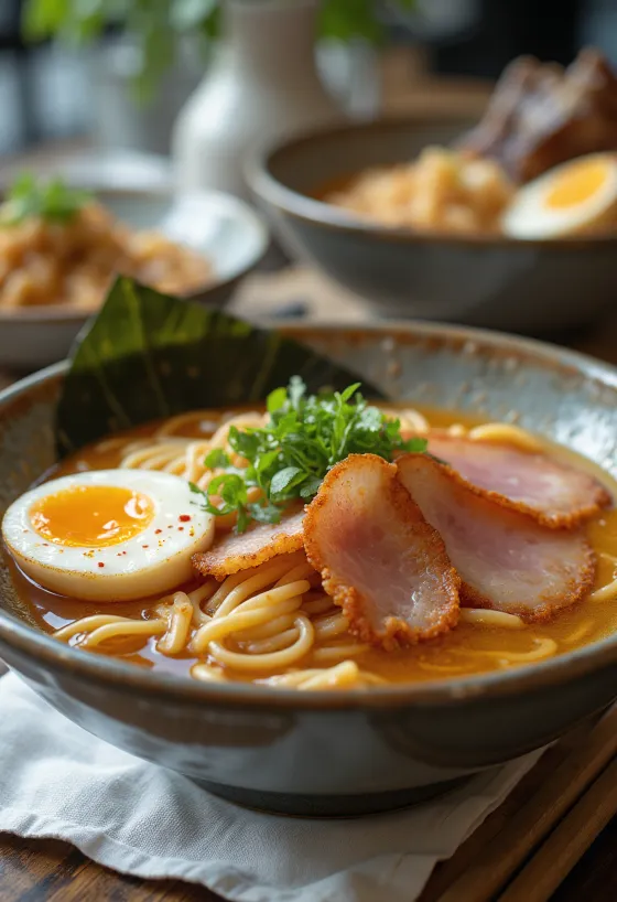 Ramen tál sült sonkával, tésztával és feltétekkel