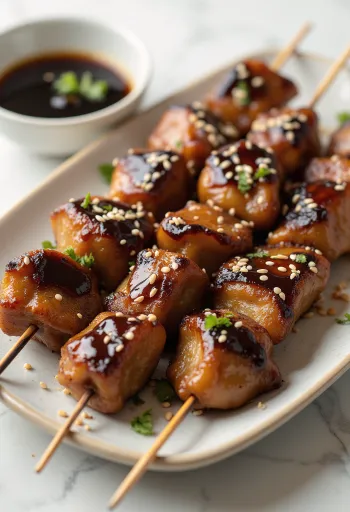 Reba yakitori csirke máj tálalva pálcikákra tűzve, szezámmaggal és zöldhagymával