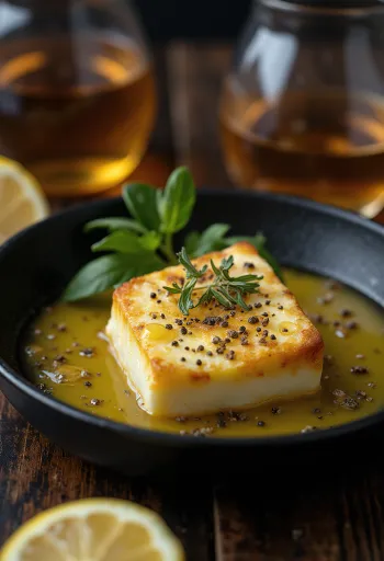 Saganaki feta sajt citromlével meglocsolva, aranybarna sajt