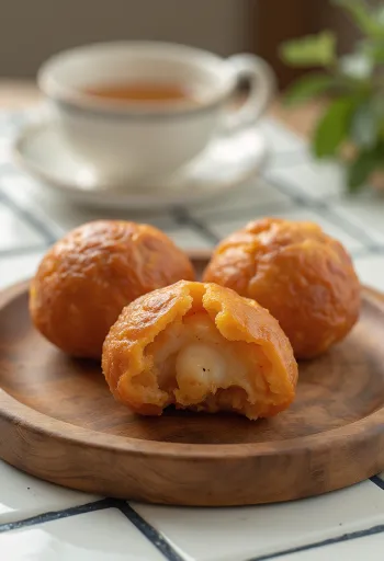 Sata Andagi édesburgonyával, ropogós és finom frittek tálalva.