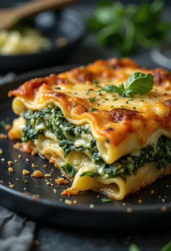 Spenótos lasagne rétegezve, aranybarnára sült sajttal a tetején