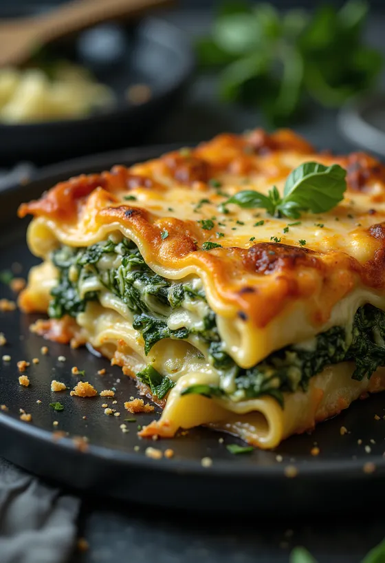 Spenótos lasagne rétegezve, aranybarnára sült sajttal a tetején