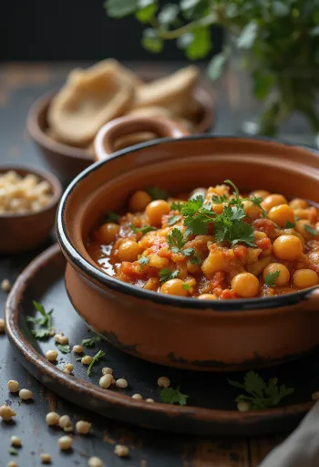 Klasszikus tagine csicseriborsóval, gazdag zöldségekkel tálalva, friss fűszerekkel