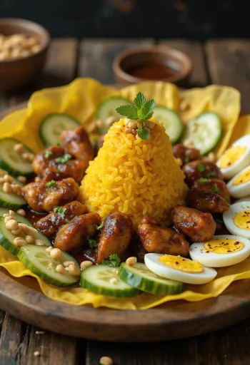 Tumpeng tálalva pirított csirkével és földimogyoróval