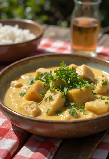 Vatapá de peixe com coentro, kókusztejes hal és friss korianderrel tálalva