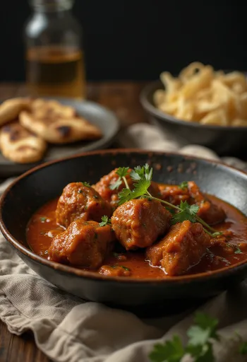 Vindaloo bárányhússal, fűszeres szószban tálalva