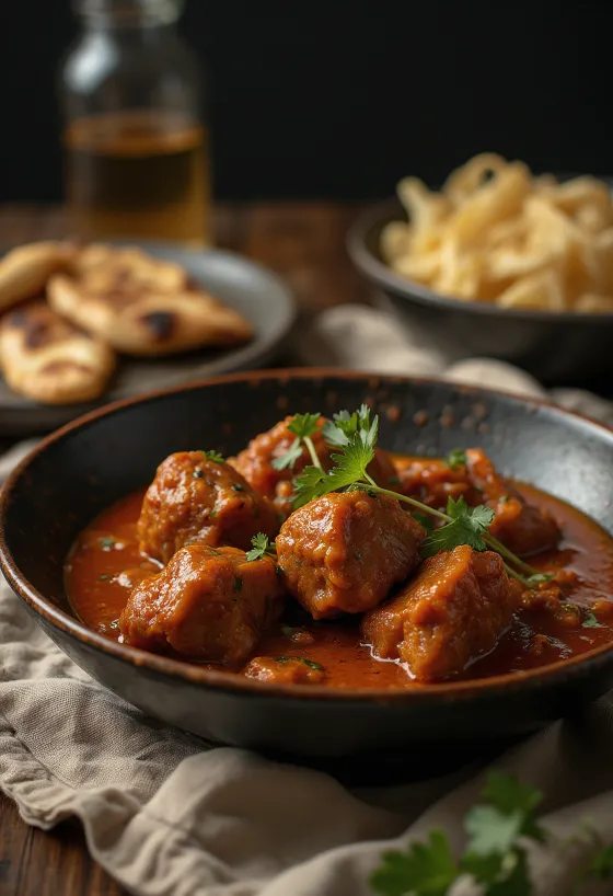 Vindaloo bárányhússal, fűszeres szószban tálalva