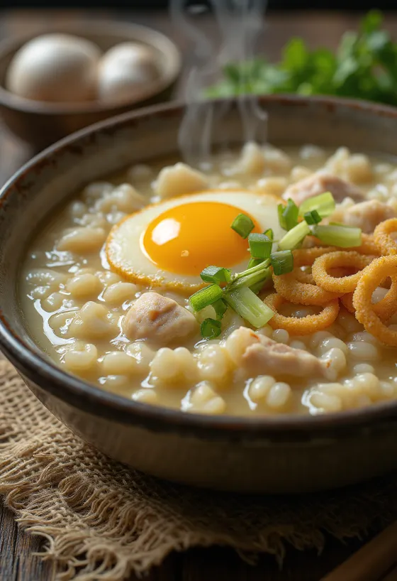Arroz Caldo pörkölt fokhagymás, tojással és friss zöldhagymával tálalva