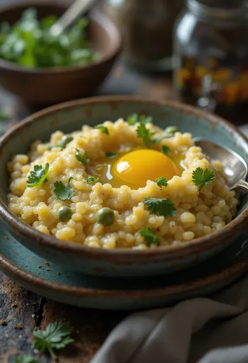 Bajra Khichdi tálalva, friss korianderrel díszítve