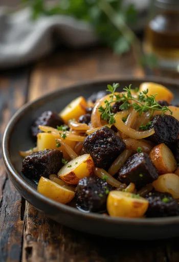 Black pudding Sneem stílusban tálalva, burgonyával és petrezselyemmel