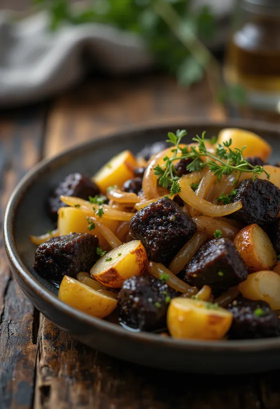 Black pudding Sneem stílusban tálalva, burgonyával és petrezselyemmel