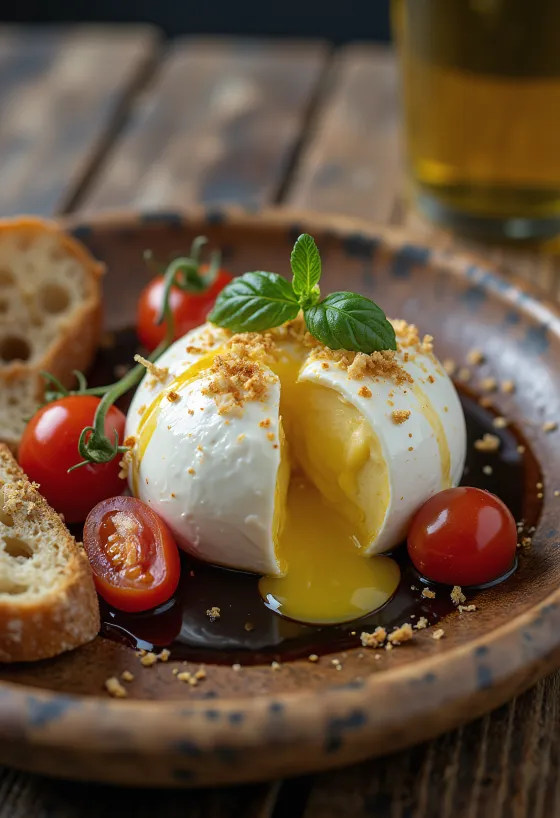 Burrata olívaolajjal friss paradicsommal és salátával tálalva.
