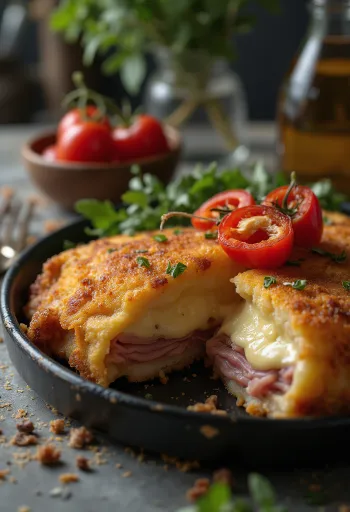 Cachopo tálalva sült krumplival és citrommal