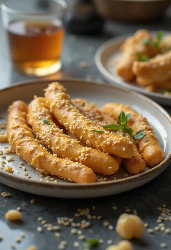 Cakwe szezámmaggal, frissen sült és fokhagymával tálalva