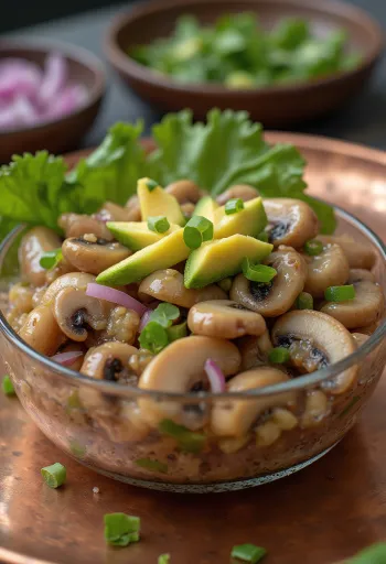 Ceviche de Champiñones, tálalva avokádóval és korianderrel