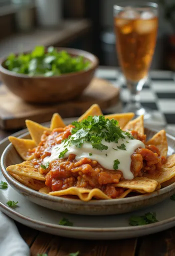 Chilaquiles con Crema Mexicana, ropogós tortilla darabok paradicsomszósszal és friss korianderrel