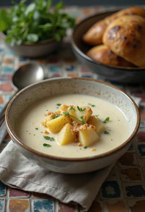 Cullen skink vegán változatban tálalva krémes állaggal, zöldségekkel és füstölt tofudarabokkal