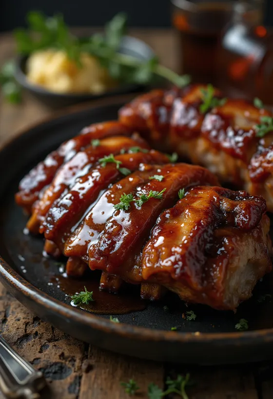 Füstölt BBQ oldalas bourbon szósszal tálalva