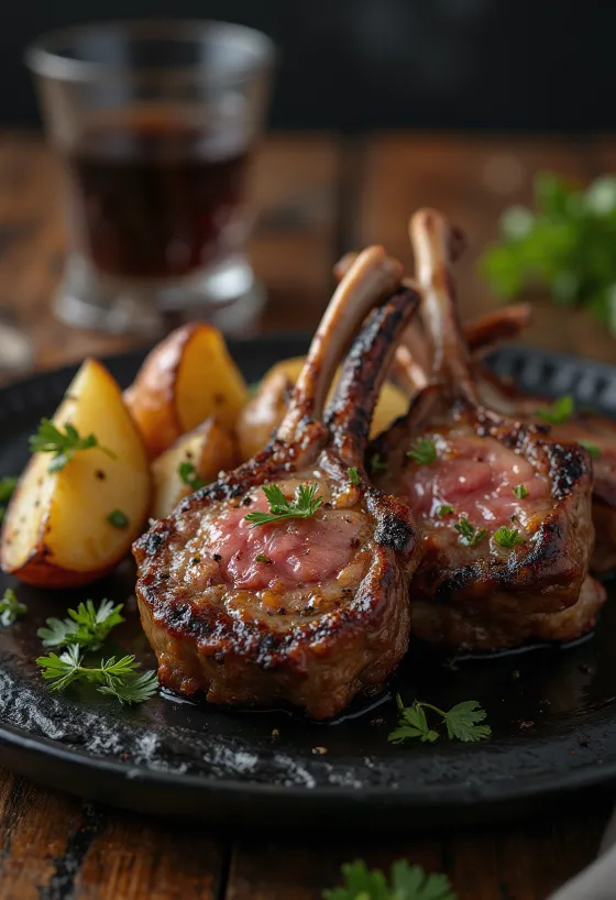 Grillezett báránybordák rozmaringos burgonyával tálalva