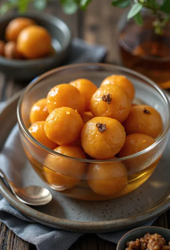 Gulab Jamun, sült golyók szirupban tálalva