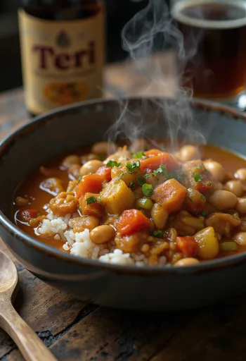 Gumbo zöldségekkel és főtt rizzsel