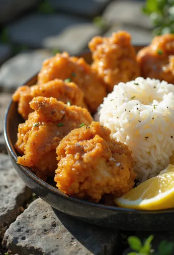 Karaage csirke rizskörettel, ropogós csirkehús friss korianderrel tálalva