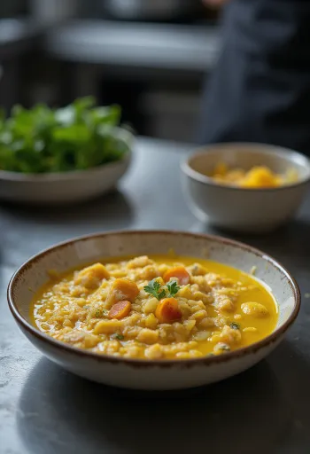 Khichdi zabpehellyel, gazdag tápanyagokban, friss korianderrel díszítve