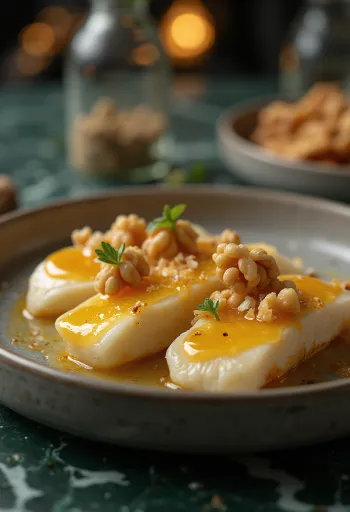 Leipäjuusto pirított dióval és mézzel tálalva