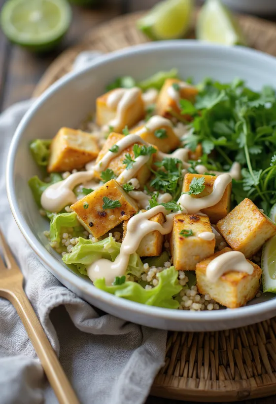 Lime-os quinoa Buddha-tál tahini tofuval tálalva