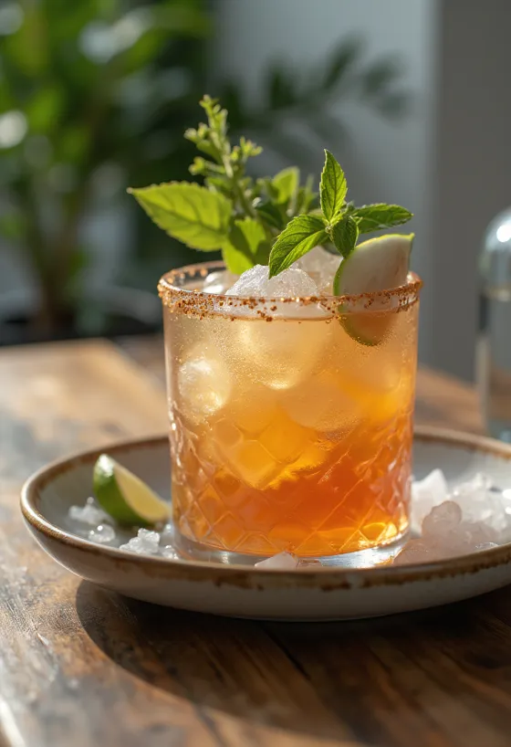 Mai Tai koktél mentalevéllel és lime szelettel díszítve