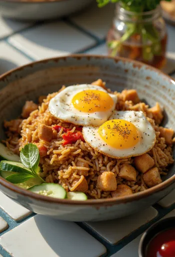 Nasi Goreng Fűszeres Szójaszósszal, gazdag fűszerekkel és fűszeres szójaszósszal tálalva