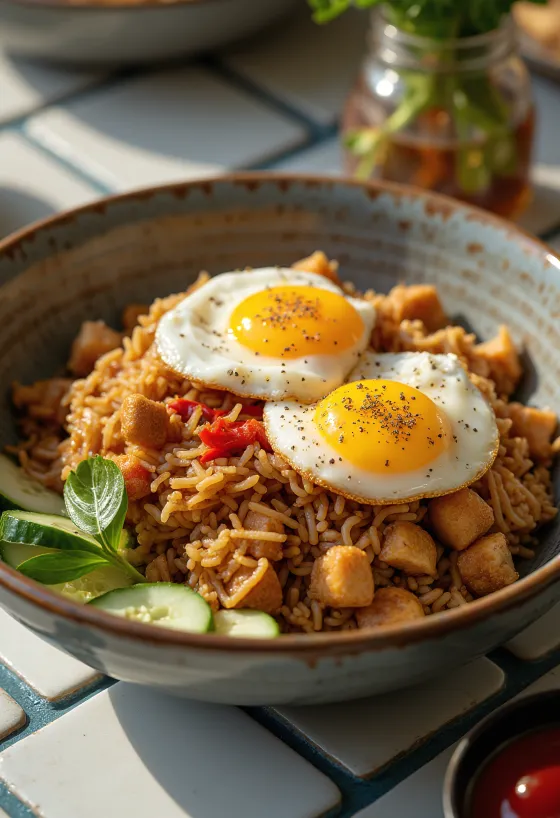 Nasi Goreng Fűszeres Szójaszósszal, gazdag fűszerekkel és fűszeres szójaszósszal tálalva