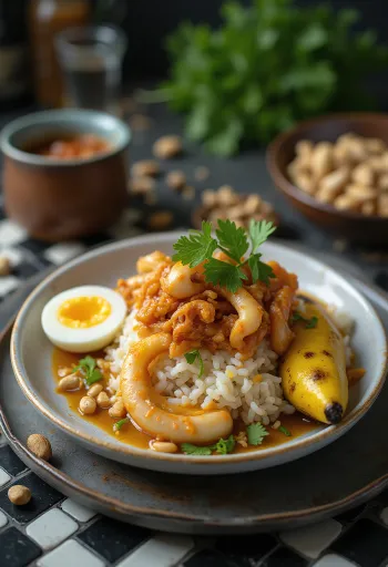 Nasi lemak sambal tintahallal, sült kacsa bőrrel és főtt tojással tálalva