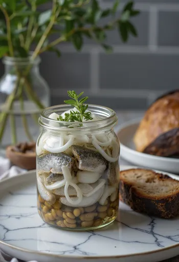 Pickled herring in a glass jar with onions and spices