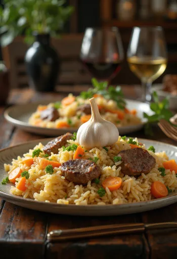 Pilaf bárányhússal tálalva